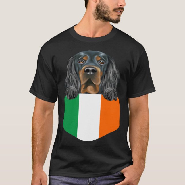 Ireland Flag Gordon Setter Dog In Pocket T-Shirt (Front)