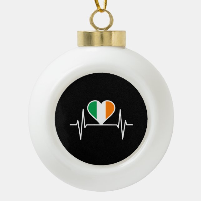 Ireland Flag Heartbeat Ceramic Ball Christmas Ornament (Front)