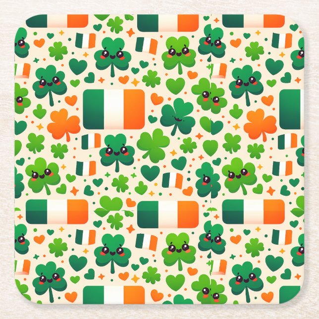 Ireland Flag Irish Shamrock Celtic St Patricks Day Square Paper Coaster (Front)