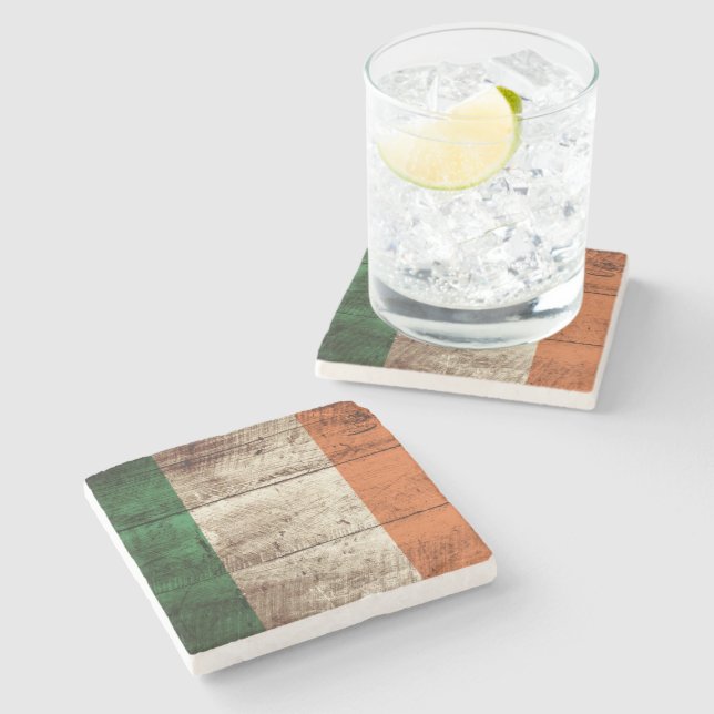 Ireland Flag on Old Wood Grain Stone Coaster (Side)