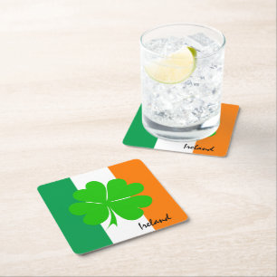 Ireland & four leaf clover, Irish flag /sport fans Square Paper Coaster