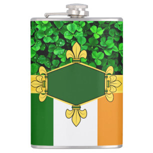 Ireland green shamrocks, add monogram/initials 11 hip flask