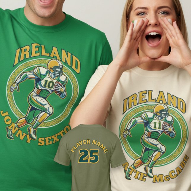 Ireland Gridiron Shamrock Football Athlete Dynamic T-Shirt (Use Personalized to change color/font.
Choose a color that matches the background color of shirt)