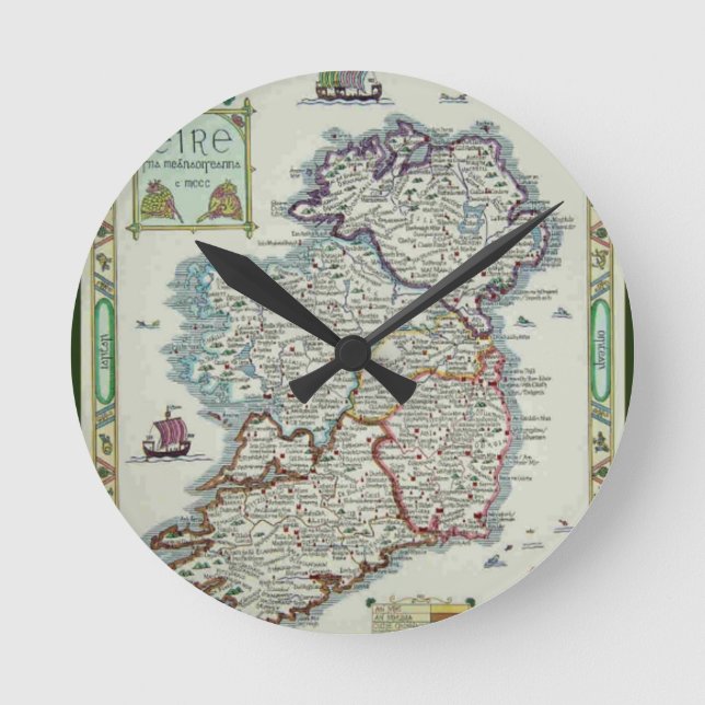 Ireland Map - Irish Eire Erin Historic Map Round Clock (Front)