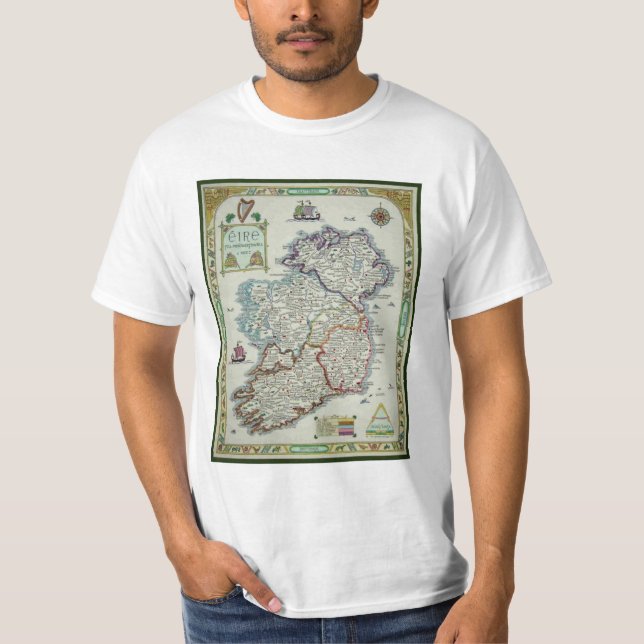 Ireland Map - Irish Eire Erin Historic Map T-Shirt (Front)