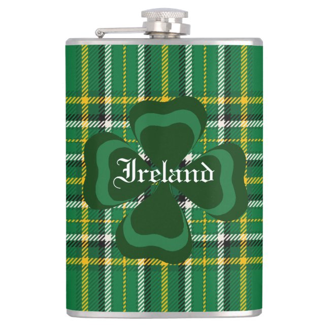 Ireland National Tartan, Shamrock Customise name Hip Flask (Front)
