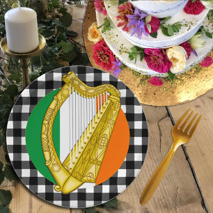Ireland Plate, Harp, buffalo plaid & Irish Flag Paper Plate