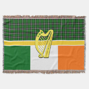 Ireland Tartan, flag, celtic, Irish harp, shamrock Throw Blanket