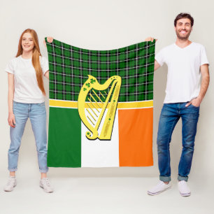 Ireland Tartan, Ireland flag, Celtic harp shamrock Fleece Blanket
