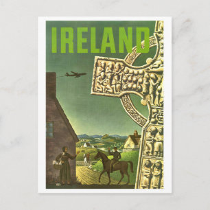 Ireland village, celtic cross, vintage travel postcard