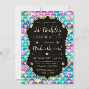 Iridescent and Gold Mermaid Scales Frame Birthday Invitation