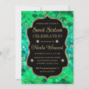 Iridescent and Gold Mermaid Scales Frame Sweet 16 Invitation