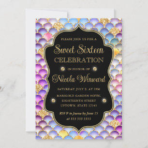 Iridescent and Gold Mermaid Scales Frame Sweet 16 Invitation