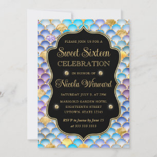 Iridescent and Gold Mermaid Scales Frame Sweet 16 Invitation