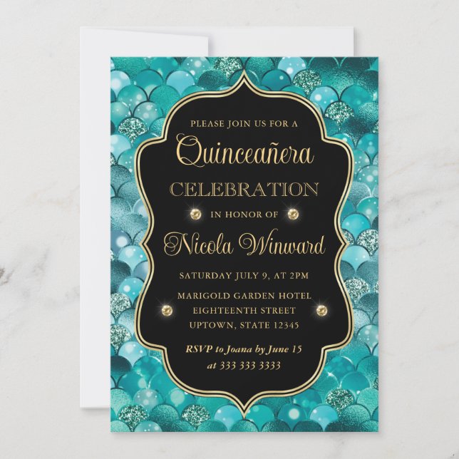 Iridescent and Gold Mermaid Scales Quinceanera Invitation (Front)