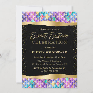 Iridescent and Gold Mermaid Scales Sweet 16 Invitation