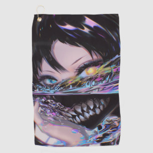 Iridescent Anime Horror: Liquid Smile Monster Golf Towel
