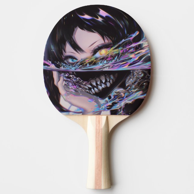 Iridescent Anime Horror: Liquid Smile Monster Ping Pong Paddle (Front)