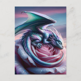 Iridescent Baby Dragon Asleep on Pink Rose Postcard