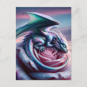 Iridescent Baby Dragon Asleep on Pink Rose Postcard