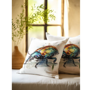 Iridescent Beetle in Watercolor Cushion