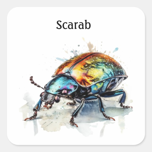 Iridescent Beetle in Watercolor, custom Square Sticker (Front)