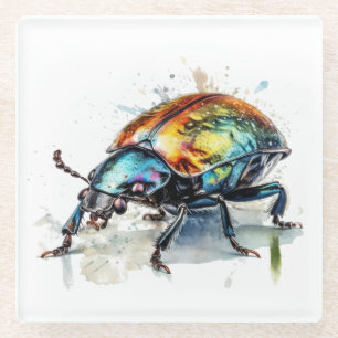 Iridescent Beetle in Watercolor Glass Coaster