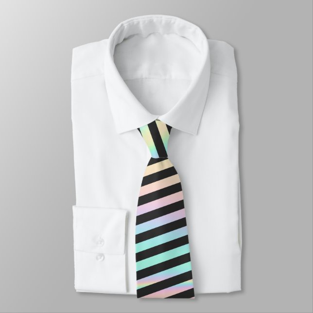 Iridescent & Black Stripe Groom Groomsmen Fun Fact Tie (Tied)