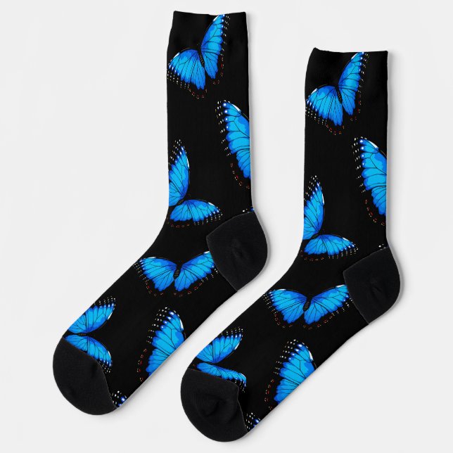 Iridescent Blue Butterflies Black Pattern Socks (Left)