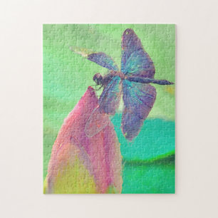 Iridescent Blue Dragonfly on Waterlily Jigsaw Puzzle