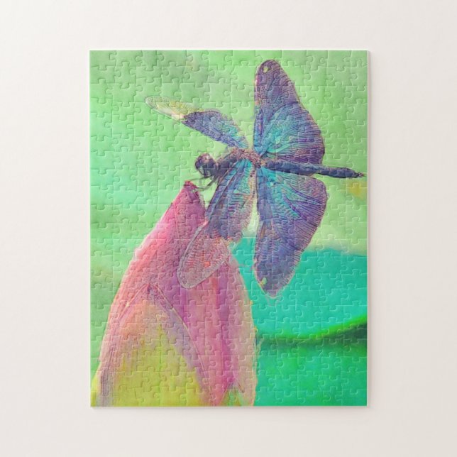 Iridescent Blue Dragonfly on Waterlily Jigsaw Puzzle (Vertical)