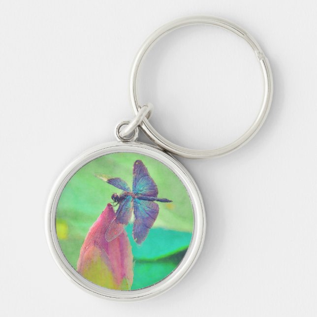 Iridescent Blue Dragonfly on Waterlily Key Ring (Front)