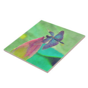 Iridescent Blue Dragonfly on Waterlily Tile