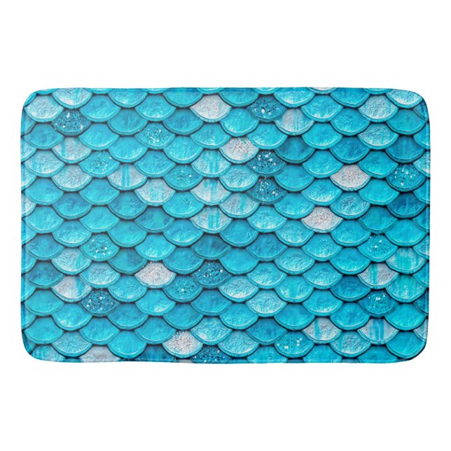 Iridescent Blue Glitter Shiny Mermaid Fish Scales Bath Mat (Front)