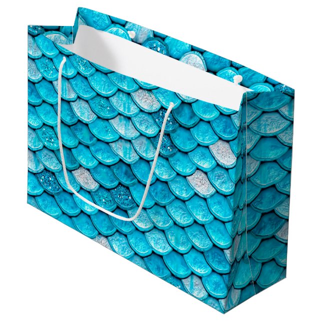 Iridescent Blue Glitter Shiny Mermaid Fish Scales Large Gift Bag (Front Angled)