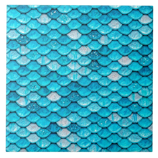 Iridescent Blue Glitter Shiny Mermaid Fish Scales Tile (Front)
