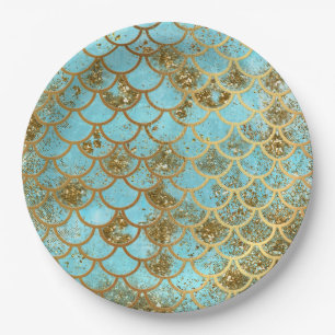 Iridescent Blue Gold Glitter Mermaid Fish Scales Paper Plate