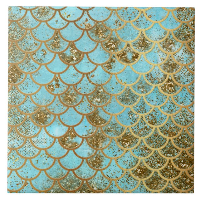 Iridescent Blue Gold Glitter Mermaid Fish Scales Tile (Front)