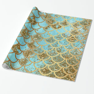 Iridescent Blue Gold Glitter Mermaid Fish Scales Wrapping Paper