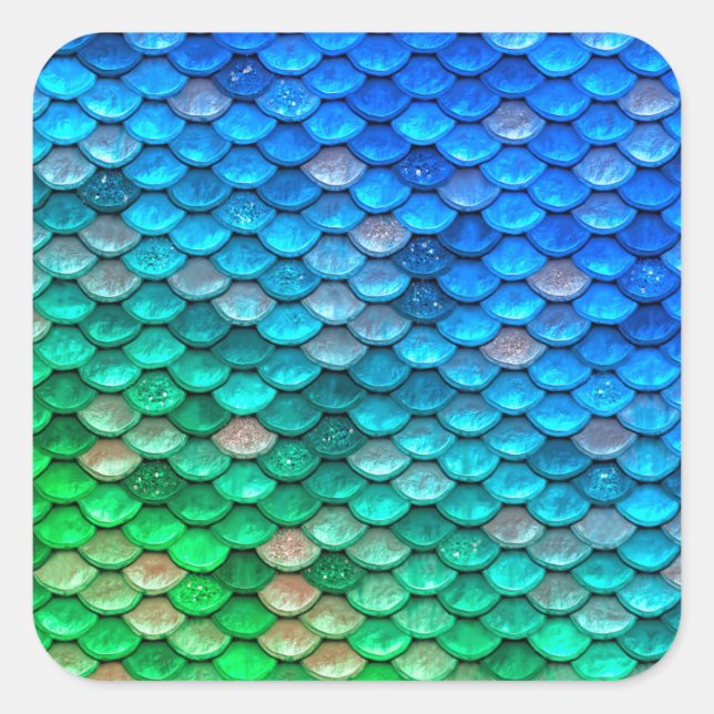 Iridescent Blue Green Glitter Mermaid Fish Scales Square Sticker (Front)
