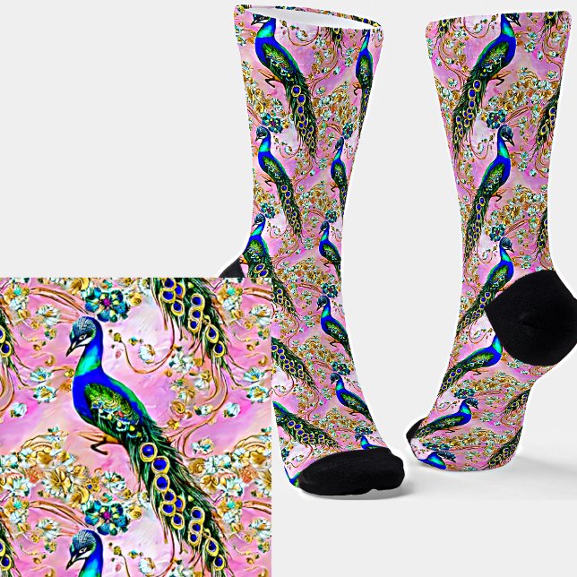  Iridescent Blue Green Peacock, Gold on Pink Socks (Creator Uploaded)