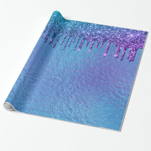 Iridescent Blue Purple Glitter Drips Pretty Wrapping Paper