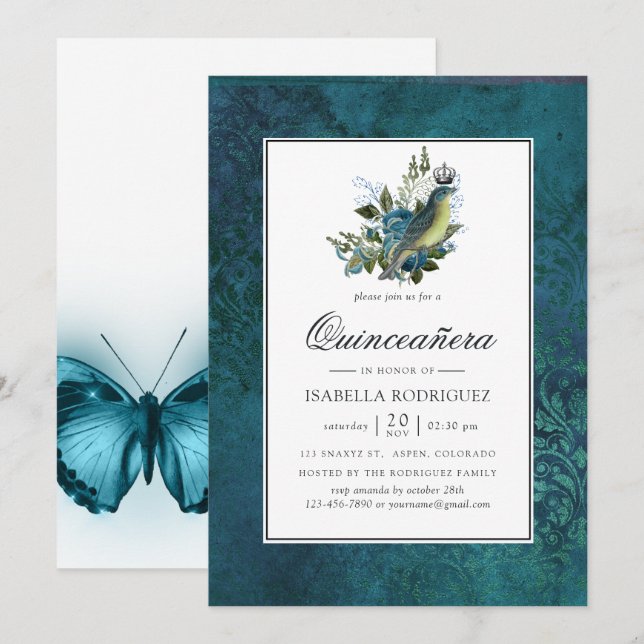 Iridescent Blue Vintage Wild Woodland Quinceañera Invitation (Front/Back)