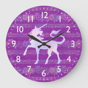Iridescent Bohemian Pattern & Unicorn Silhouette Large Clock