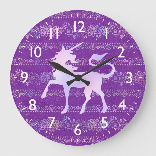 Iridescent Bohemian Pattern & Unicorn Silhouette Large Clock (Front)