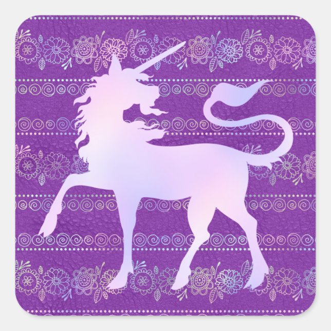 Iridescent Bohemian Pattern & Unicorn Silhouette Square Sticker (Front)