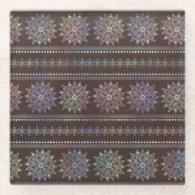 Iridescent Bohemian Unicorn Pattern Glass Coaster (Front)