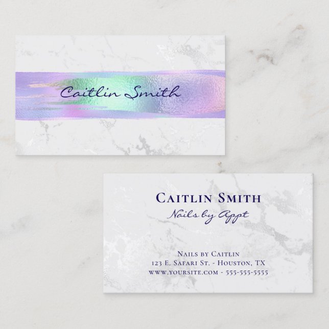 Iridescent Brush Stroke Silver White Foil Marble Business Card (Front/Back)