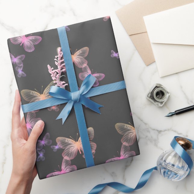 Iridescent Butterflies On Grey Wrapping Paper (Gifting)