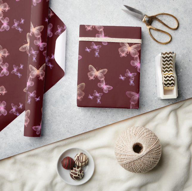 Iridescent Butterflies On Maroon Wrapping Paper (Crafts)